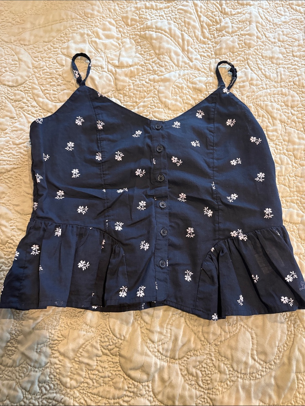 Navy Floral Button-Front Ruffle-Hem Cami Top